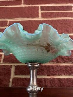 Antique French Victorian Turquoise art glass brides basket Hand Painted Pedistal