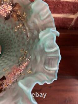 Antique French Victorian Turquoise art glass brides basket Hand Painted Pedistal