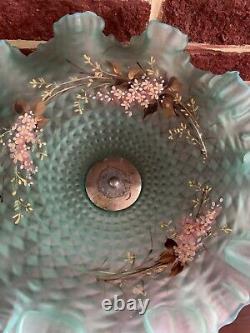 Antique French Victorian Turquoise art glass brides basket Hand Painted Pedistal