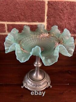 Antique French Victorian Turquoise art glass brides basket Hand Painted Pedistal