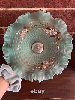 Antique French Victorian Turquoise art glass brides basket Hand Painted Pedistal