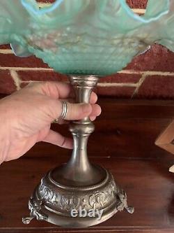 Antique French Victorian Turquoise art glass brides basket Hand Painted Pedistal