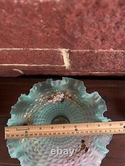 Antique French Victorian Turquoise art glass brides basket Hand Painted Pedistal