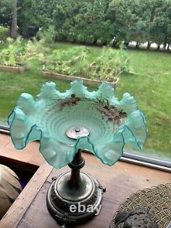 Antique French Victorian Turquoise art glass brides basket Hand Painted Pedistal