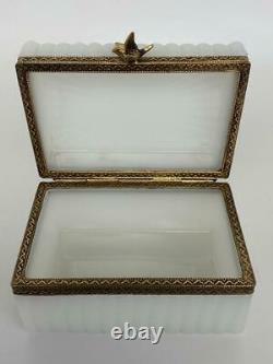 Antique French Victorian White Opaline Glass Bronze Ormolu Bird Jewel Casket Box
