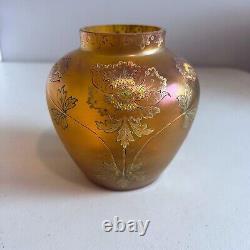 Antique Fritz Heckert Glass Nouveau Iridescent Amber Vase Adolf Heyden Design