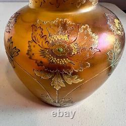 Antique Fritz Heckert Glass Nouveau Iridescent Amber Vase Adolf Heyden Design