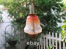 Antique GWTW Victorian HANGING HALL ENTRY LAMP, Pink Opalescent Swirl ART GLASS
