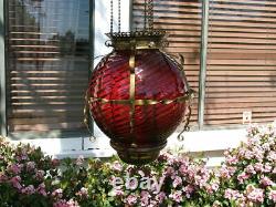 Antique GWTW Victorian HANGING HALL or ENTRY LAMP, Ruby Red Swirled Art Glass