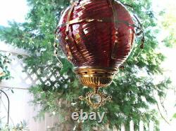 Antique GWTW Victorian HANGING HALL or ENTRY LAMP, Ruby Red Swirled Art Glass