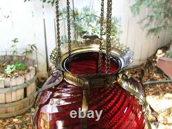 Antique GWTW Victorian HANGING HALL or ENTRY LAMP, Ruby Red Swirled Art Glass