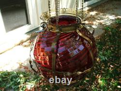 Antique GWTW Victorian HANGING HALL or ENTRY LAMP, Ruby Red Swirled Art Glass