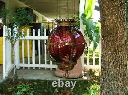 Antique GWTW Victorian HANGING HALL or ENTRY LAMP, Ruby Red Swirled Art Glass