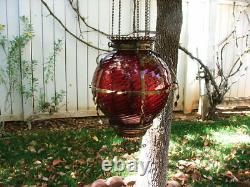 Antique GWTW Victorian HANGING HALL or ENTRY LAMP, Ruby Red Swirled Art Glass