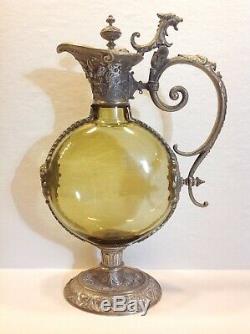 Antique German Theresienthal Figural Glass Wine Claret Jug Pewter Strapmount