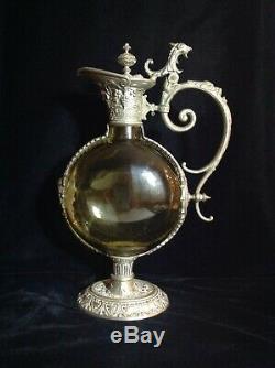 Antique German Theresienthal Figural Glass Wine Claret Jug Pewter Strapmount