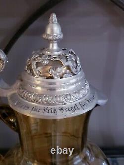 Antique German Theresienthal Glass Wine Jug Pewter Dragon Inscribed