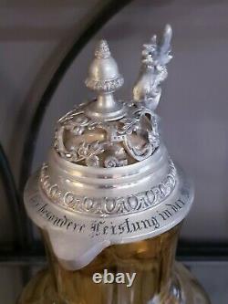 Antique German Theresienthal Glass Wine Jug Pewter Dragon Inscribed