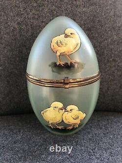 Antique German Victorian Art Glass Green Frosted W CHICKS Enamel EGG BOX Hinged