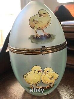 Antique German Victorian Art Glass Green Frosted W CHICKS Enamel EGG BOX Hinged