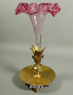 Antique Gilt Bronze Cranberry Glass Epergne Trumpet Vase Victorian French