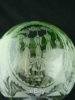 Antique Glass Fully Etched Green Oil Lamp Globe Shade Art Nouveau Fuchia Design