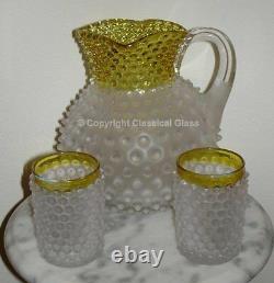 Antique Glass Hobbs Hobnail Frances Ware Water Pitcher and 2 Tumblers
