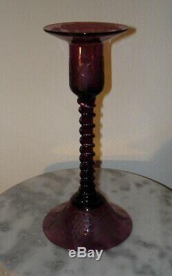 Antique Glass Pairpoint Amethyst Candlestick Engraved Twist Center & Bell Foot