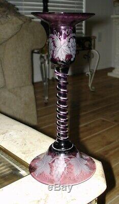 Antique Glass Pairpoint Amethyst Candlestick Engraved Twist Center & Bell Foot