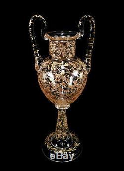 Antique Gold Gilt Enameled Bohemian Moser Art Glass Handled Footed Amphora Vase