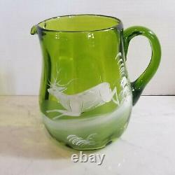 Antique Green Glass Stag Deer Pitcher & Glasses Mouth Blown Mary Gregory Style