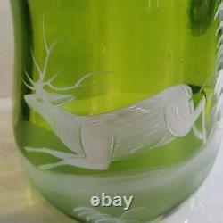 Antique Green Glass Stag Deer Pitcher & Glasses Mouth Blown Mary Gregory Style