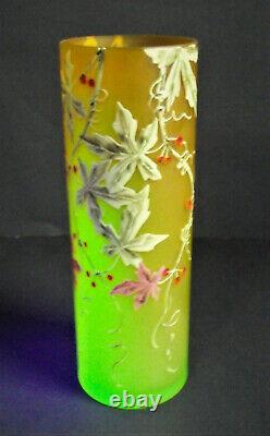 Antique HARRACH Victorian ORANGE URANIUM VASELINE ENAMEL BOHEMIAN Art Glass VASE