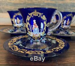 Antique Hand Blown Czech Bohemian Crystal Cobalt Blue Gold Overlay Tea Set 17 Pc