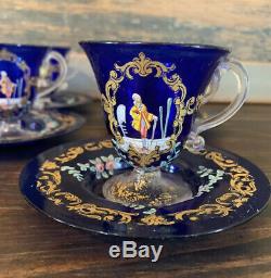 Antique Hand Blown Czech Bohemian Crystal Cobalt Blue Gold Overlay Tea Set 17 Pc