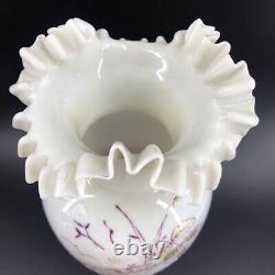 Antique Hand Blown Hand Painted Victorian Vase Ruffled Edge Bird & Flower Pontil