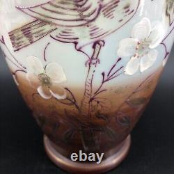 Antique Hand Blown Hand Painted Victorian Vase Ruffled Edge Bird & Flower Pontil