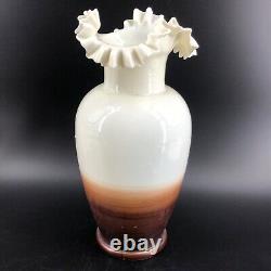 Antique Hand Blown Hand Painted Victorian Vase Ruffled Edge Bird & Flower Pontil