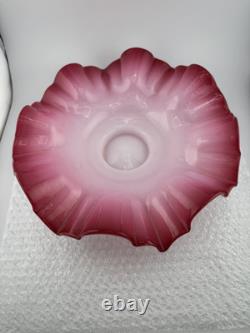 Antique Hand Blown Pink Cranberry Cased By White Glass Ruffled Rim OOAK