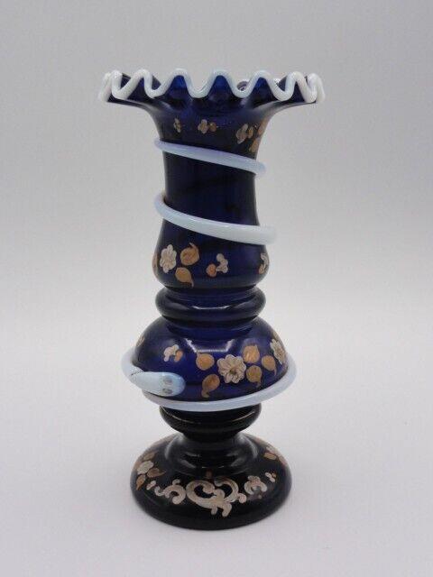 Antique Hand Painted Blue Applied Snake Art Glass Vase Harrach / Josephinenhütte