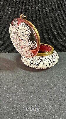 Antique Hand Painted Enamel Lace Moser Cranberry Art Glass Trinket Box