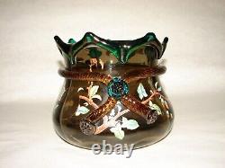 Antique Hand Painted Moser Glass Bohemian Arts & Crafts Vase Bowl Applied Decor