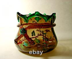 Antique Hand Painted Moser Glass Bohemian Arts & Crafts Vase Bowl Applied Decor