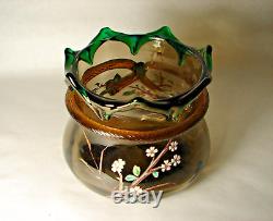 Antique Hand Painted Moser Glass Bohemian Arts & Crafts Vase Bowl Applied Decor