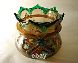 Antique Hand Painted Moser Glass Bohemian Arts & Crafts Vase Bowl Applied Decor