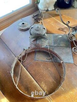 Antique Hanging Chandelier Oil Lamp Light Fixture Art Glass Shade Pull Chains
