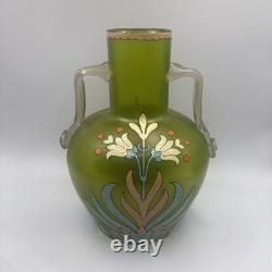Antique Harrach Bohemian Art Glass Vase Hand Blown, Enamel Applied Handles 7.5 Antique Harrach Bohemian Art Glass Vase Hand Blown, Enamel Applied Handles 7.5