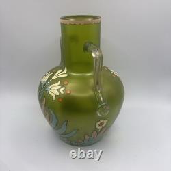 Antique Harrach Bohemian Art Glass Vase Hand Blown, Enamel Applied Handles 7.5 Antique Harrach Bohemian Art Glass Vase Hand Blown, Enamel Applied Handles 7.5