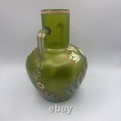 Antique Harrach Bohemian Art Glass Vase Hand Blown, Enamel Applied Handles 7.5 Antique Harrach Bohemian Art Glass Vase Hand Blown, Enamel Applied Handles 7.5