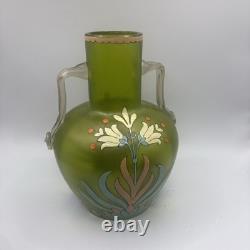 Antique Harrach Bohemian Art Glass Vase Hand Blown, Enamel Applied Handles 7.5 Antique Harrach Bohemian Art Glass Vase Hand Blown, Enamel Applied Handles 7.5